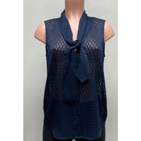 L'Agence Womens Navy Blue Tie Neck Lace V Neck Sleeveless Sheer Blouse L - Picture 1 of 8